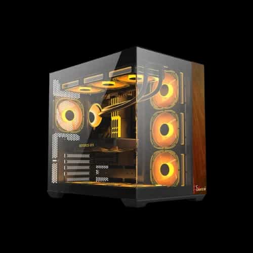 pc power dark wood casing with 7 fans and 650w psu