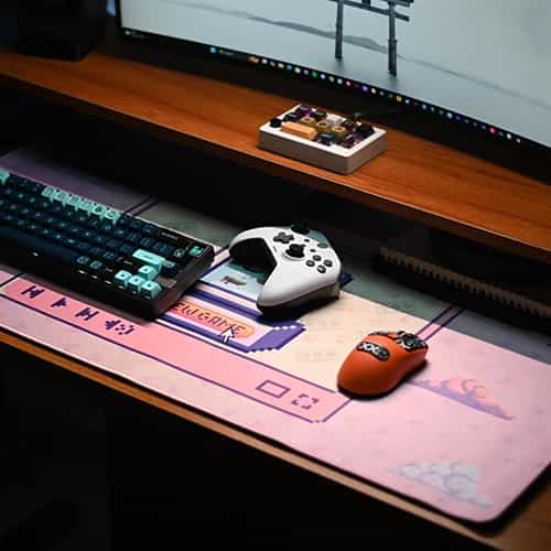 pcb retro pink mouse pad full desk view