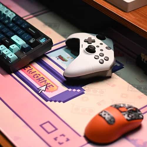 pcb retro pink mouse pad on gaming desk setup
