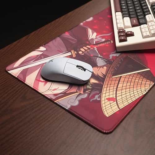 red samurai mouse pad with mouse and keyboard