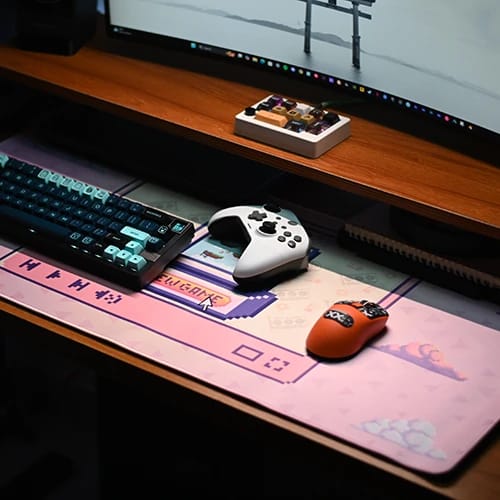 pcb retro pink mouse pad full desk view