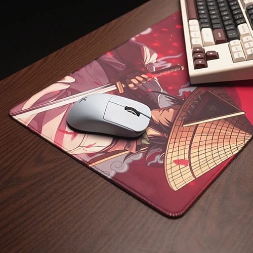 red samurai mouse pad with mouse and keyboard