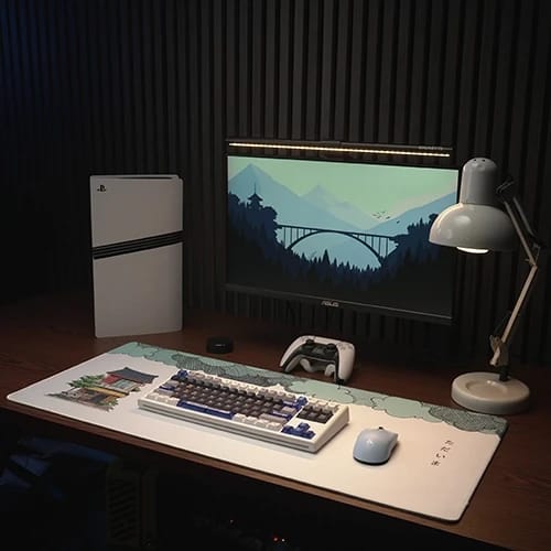 ukiru mouse pad desk setup with keyboard and mouse