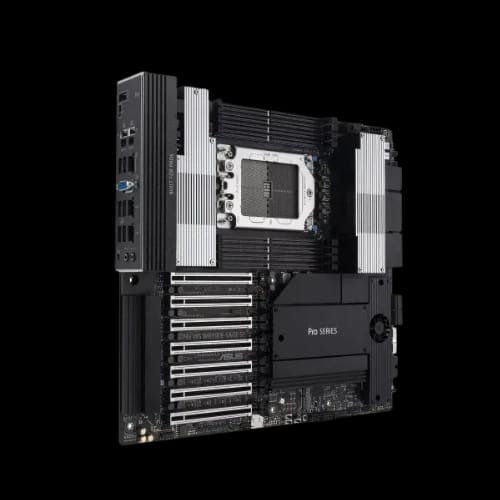 angled view of asus pro ws wrx90e sage se motherboard