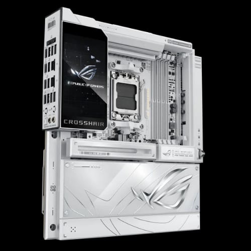 asus rog crosshair x870e glacial e atx motherboard side