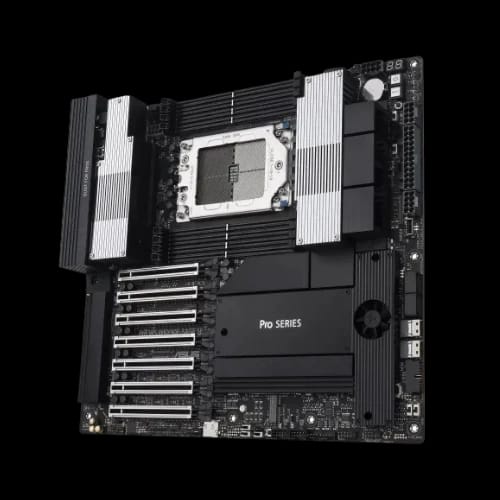 close angled view of asus pro ws wrx90e sage se motherboard