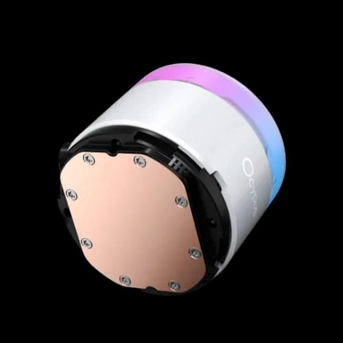 close up of white cpu liquid cooler pump copper base