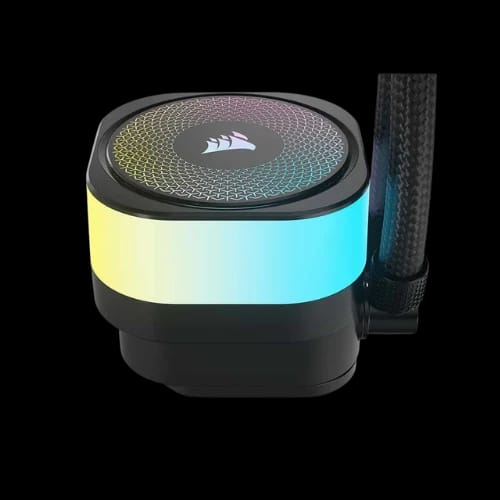 corsair icue link titan 360 rx rgb liquid cpu cooler pump head with glowing rainbow lights