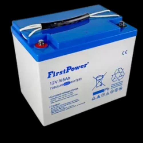 firstpower 12v 65ah tubular gel battery angled
