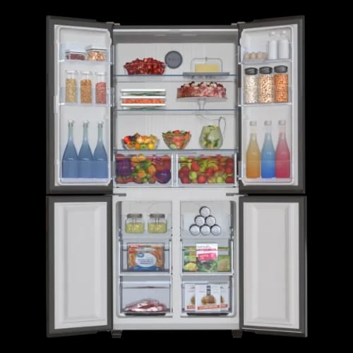 haier hrf 578tbg 522l french t door no frost refrigerator open view with product