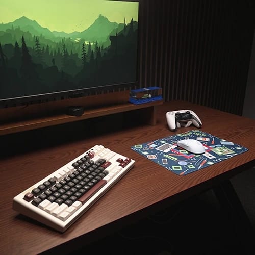 pcb base v1 gaming desk setup with patterned mouse pad 360 272