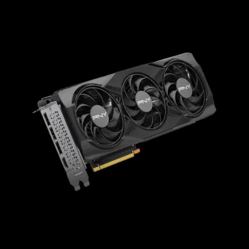 pny geforce rtx 5070 oc triple fan graphics card angled view