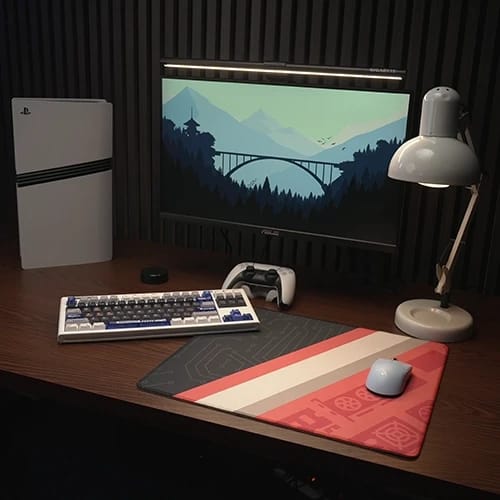 pulse matrix desk setup with monitor keyboard and mouse pad