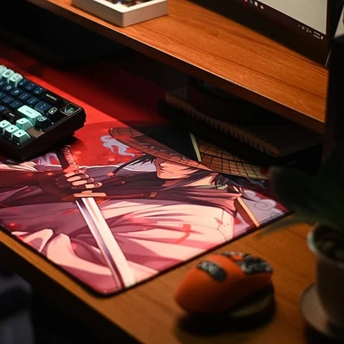 red samurai mouse pad desk setup with illustrated desk mat 1