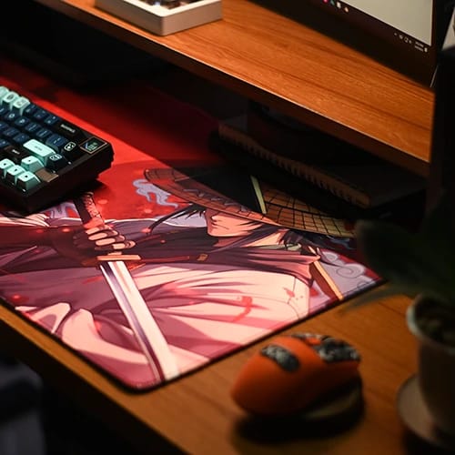 red samurai mouse pad desk setup with illustrated desk mat