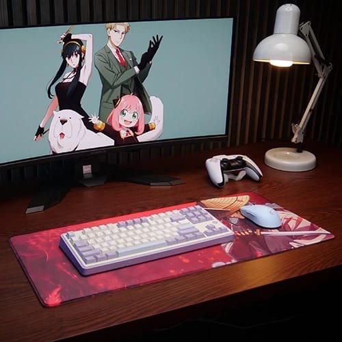 red samurai mouse pad gaming desk setup with graphic desk mat 1 1