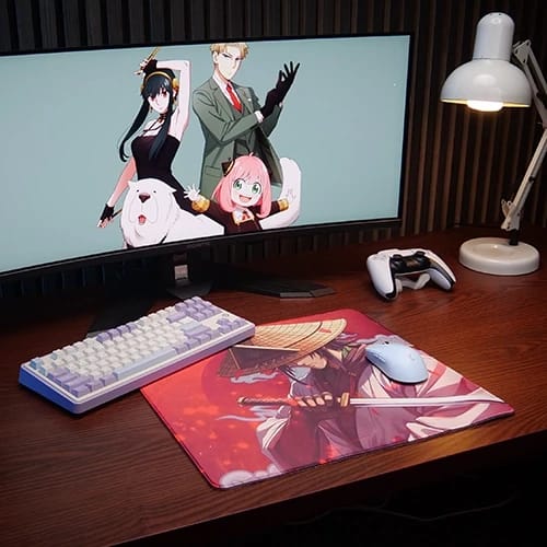 red samurai mouse pad gaming desk setup with graphic desk mat