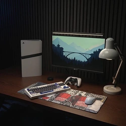 street vibes desk setup with illustrated city street mouse pad 1