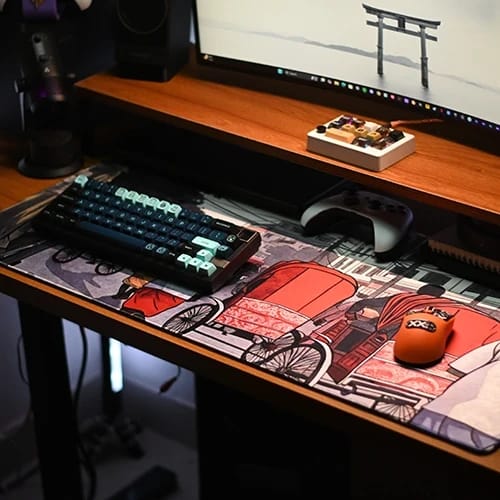 street vibes gaming desk setup with illustrated desk mat 1