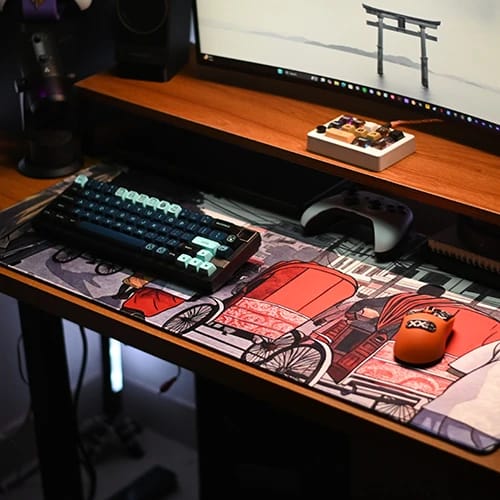 street vibes gaming desk setup with illustrated desk mat