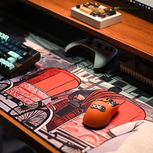 street vibes mouse pad with rickshaw artwork on desk setup