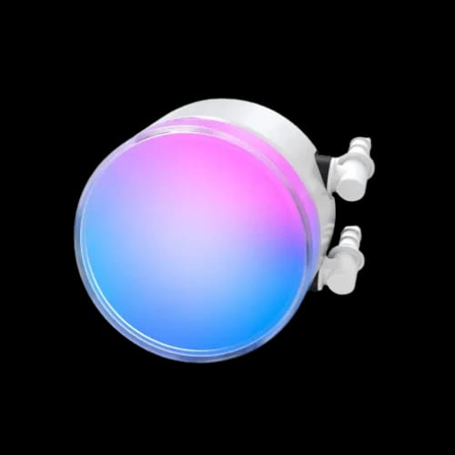 white argb cpu cooler pump with blue and pink lighting